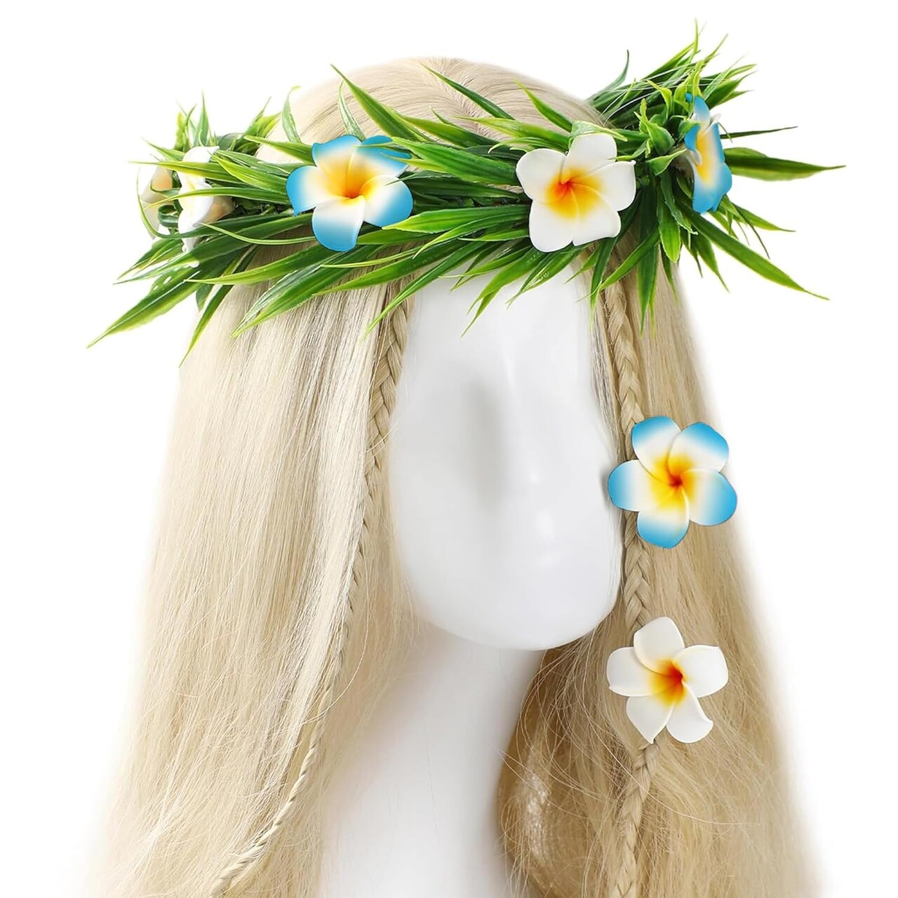 Hawaiian Flower Crown Set - 3 Pcs Hawaii Floral Headband and Tropical Plumeria Hair Clips